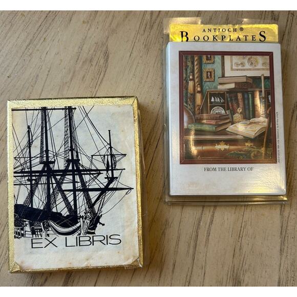 2 Antioch Bookplates Library Stickers (new) & EX LIBRIS sailing ship Boat VTG - Picture 1 of 7
